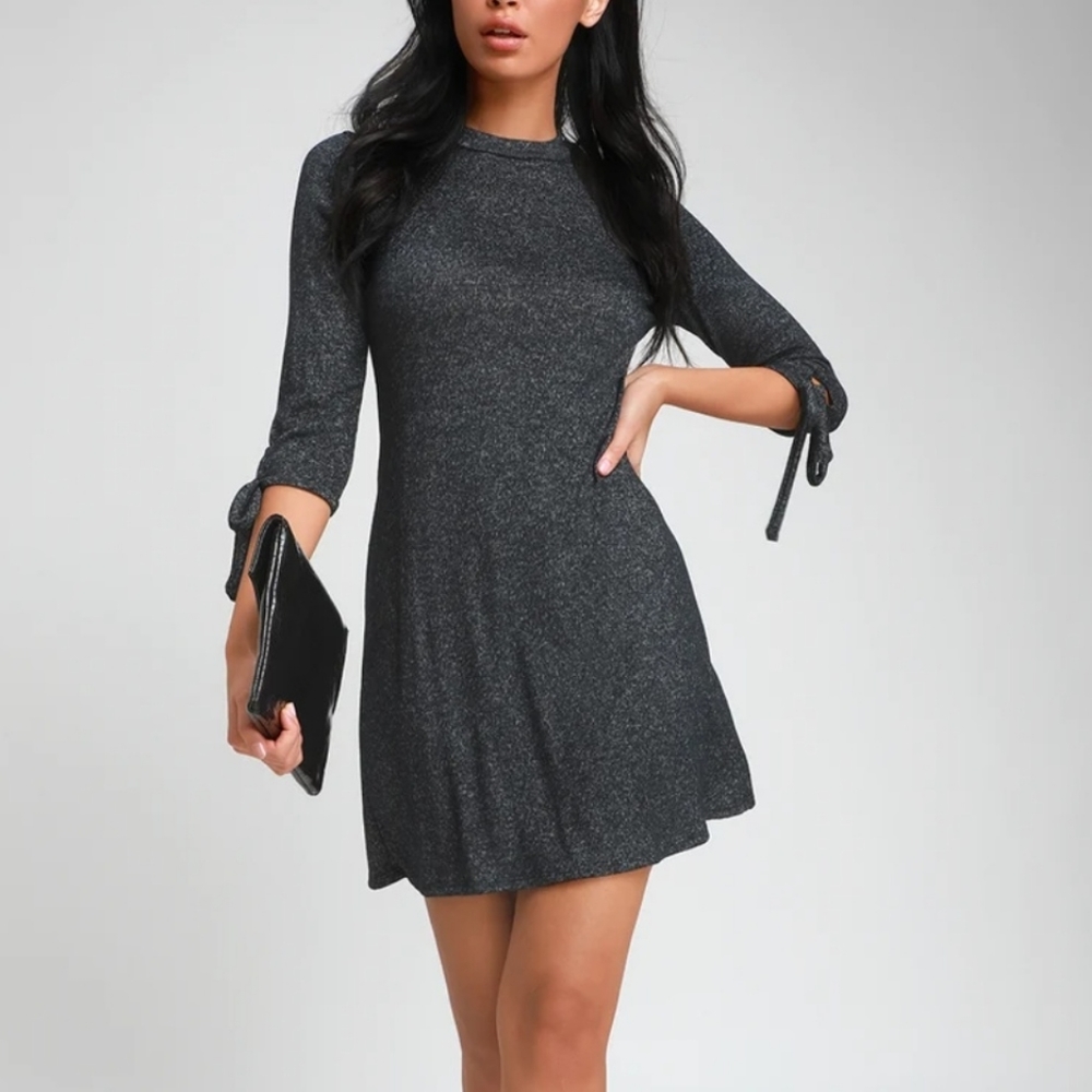 Lulus Tie A Little Love Charcoal Knit Swing Dress